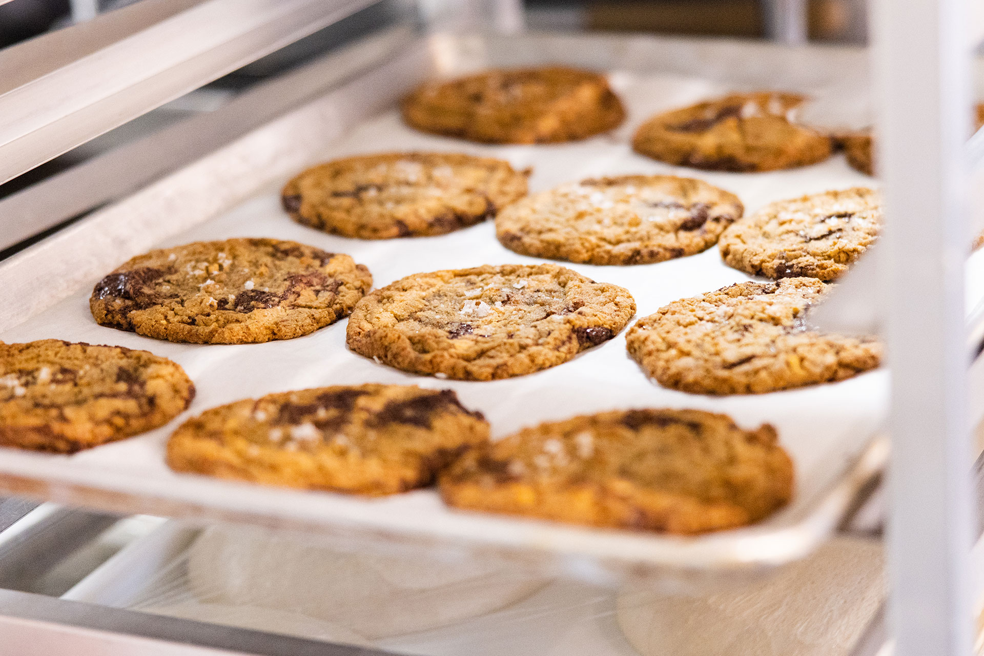 a dozen chocolate chip cookies sit on a bakers rack at pizza thief