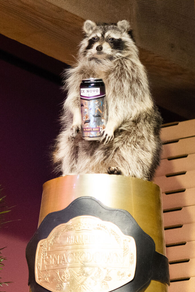 a taxidermied raccoon holds a tallboy of beer as a decoration in the dining room